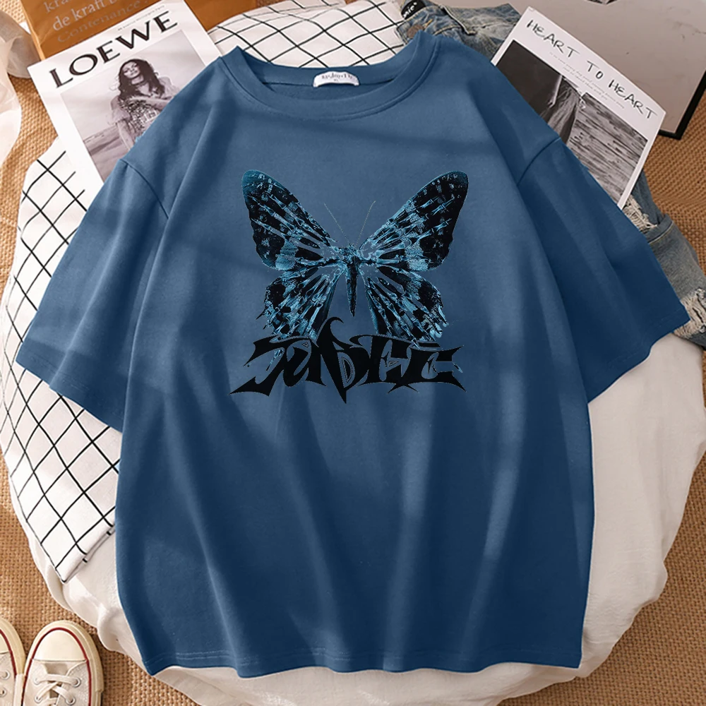 

Breathable T-shirt Women Blue beautiful butterfly Casual Sport Short Sleeve Top Comfortable Crewneck Harajuku Streetwear Tee