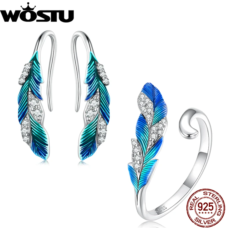 

WOSTU 925 Sterling Silver Enamel Blue Feather Open Ring Drop Danlge Women Earrings Party Jewelry Gift Bohemian Wedding Gift