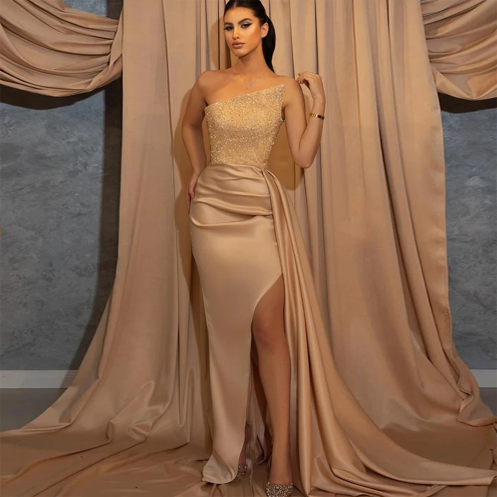 

Champagne Mermaid Evening Dresses Sequined Satin Pleated Side Split Formal Prom Gowns Celebrity Style Arabic Robe De Soirée