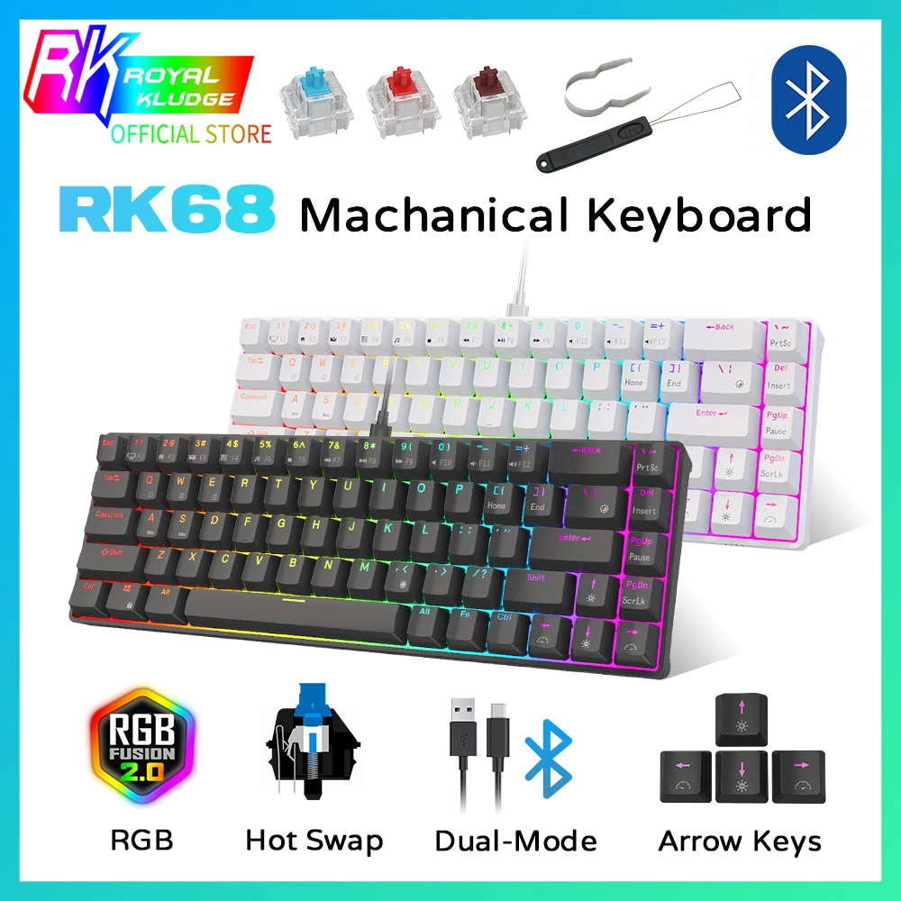 RK68 (RK855) 65% Bluetooth RGB Hot Swappble Mechanical Gaming Keyboard Compact 68 Keys Wireless Gamer Keyboard for PC Laptop
