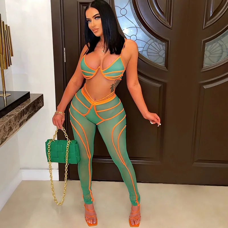 Women Sheer Mesh 2 Piece Set Spaghetti Strap Sexy V Neck Camisole And Bandage High Waist Sheath Pants Stretchy Club Outfits