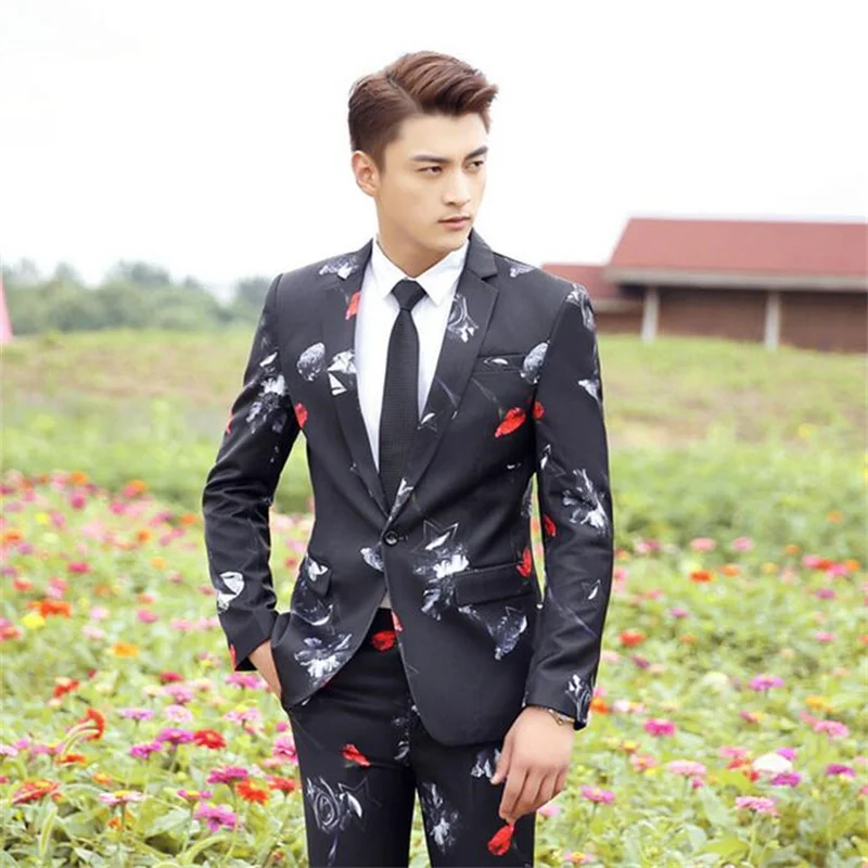 

Singer mariage groom wedding suits for men printing blazer boys prom suits fashion slim masculino latest coat pant designs black