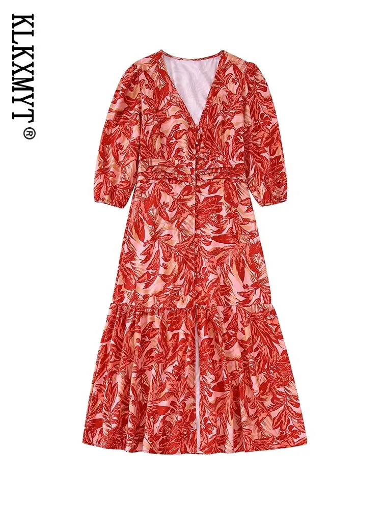 

KLKXMYT TRAF женское платье 2022 новые модные платья средней длины с принтом для женщин повседневные женские Платья вечерние коротким рукавом Vestidos