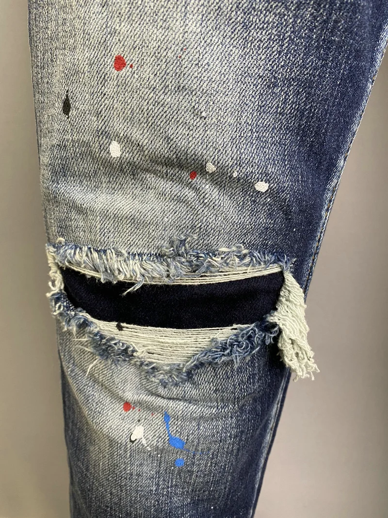 New DSQUARED2 Men's/Women Fashion Slim-Fit Ripped Patch Jeans, Paint Ripped Ink Micro-Elastic Blue Pants 9822