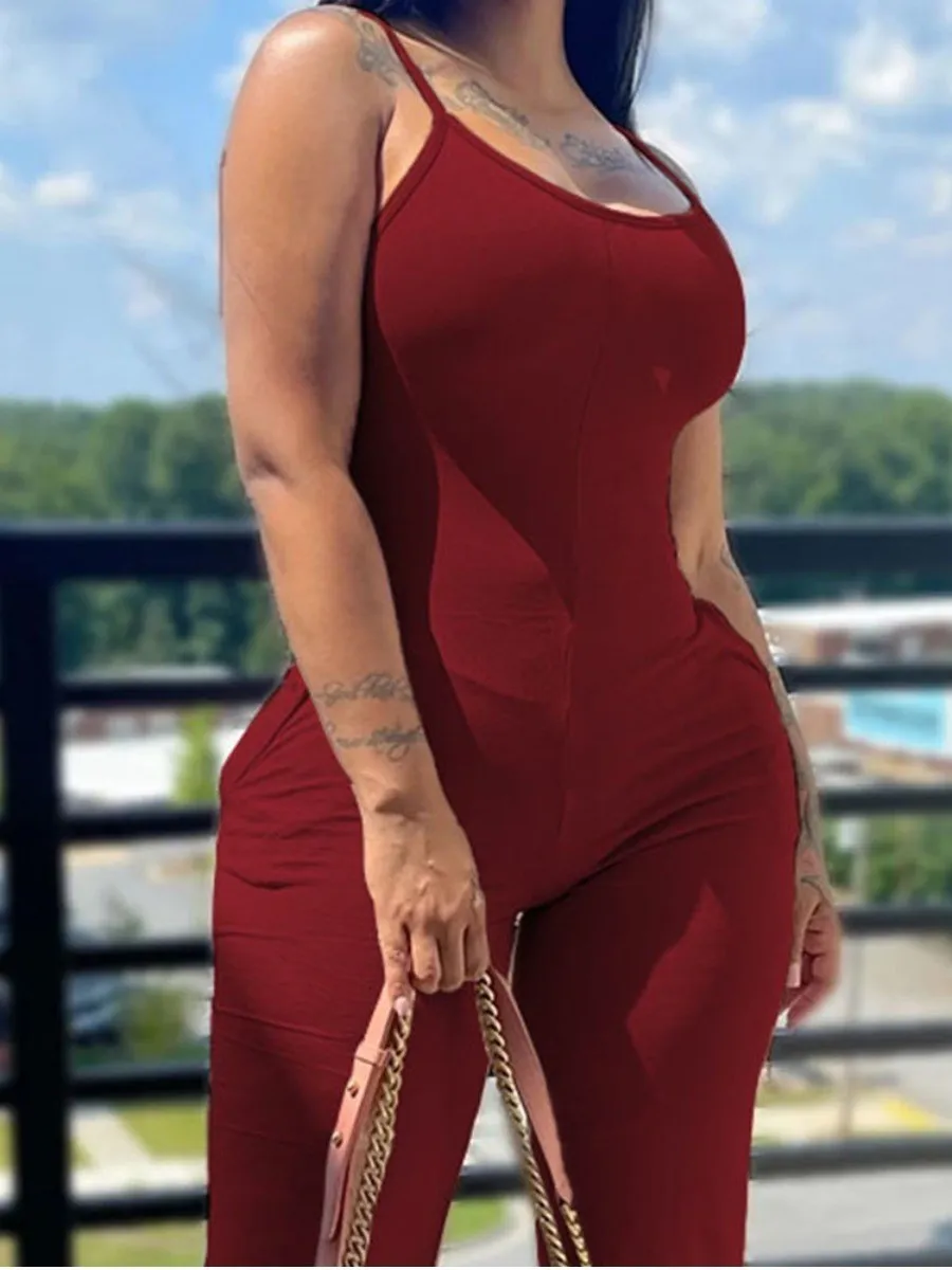LW Cami Jumpsuit Casual skinny Jumpsuit Women Summer Solid Straps Wide Leg Pants Sleeveless sexy Bodycon Jumpsuits Y2K Playsuit
