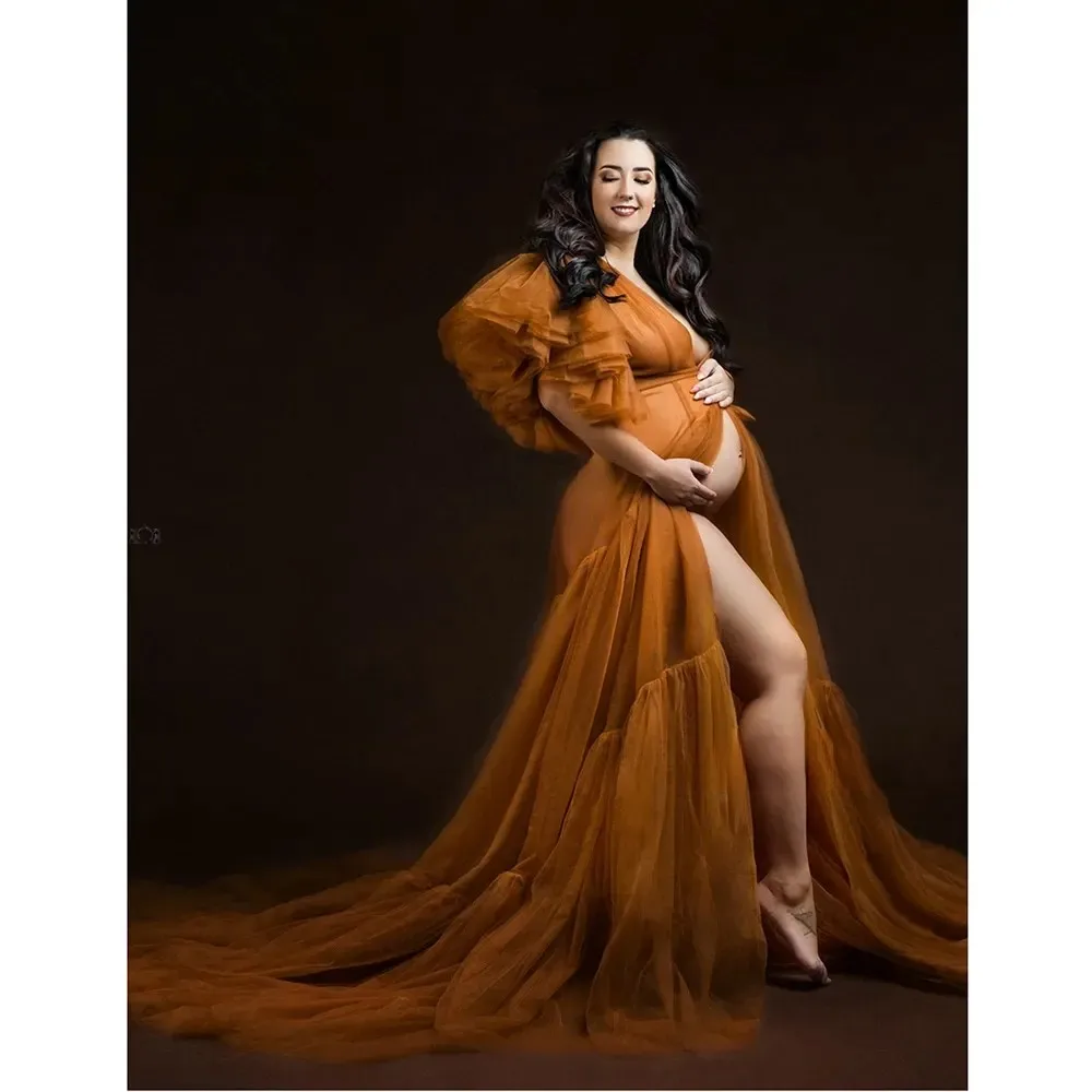 

Соблазнительное фатиновое платье с оборками для беременных для фотосессии платье для беременных с V-образным вырезом Прозрачный женский ха...