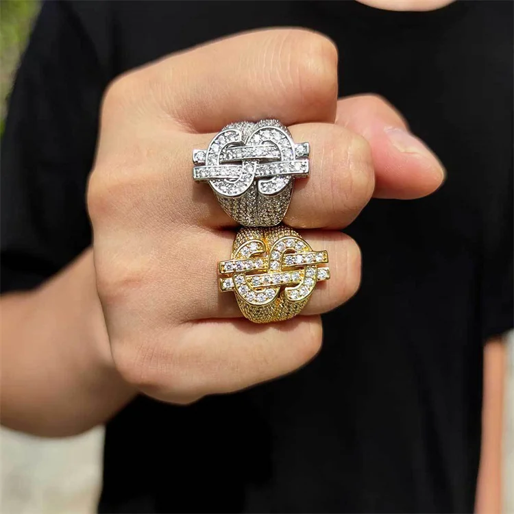 

Лидер продаж, набор из кольца Lucky в стиле хип-хоп с микро цирконом, мужское обручальное кольцо с полным алмазом и вырезами по символу доллара в стиле хип-хоп