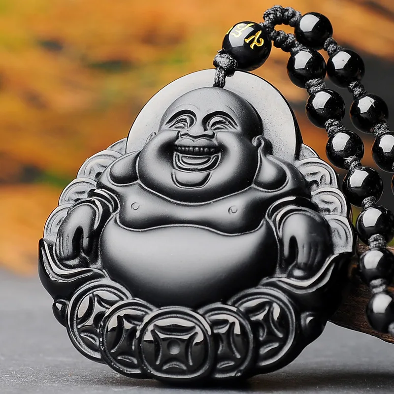 

Chinese Natural Obsidian Hand-carved Jade Buddha Pendant Fashion Boutique Tatu Smile Buddha Necklace Gift Accessories