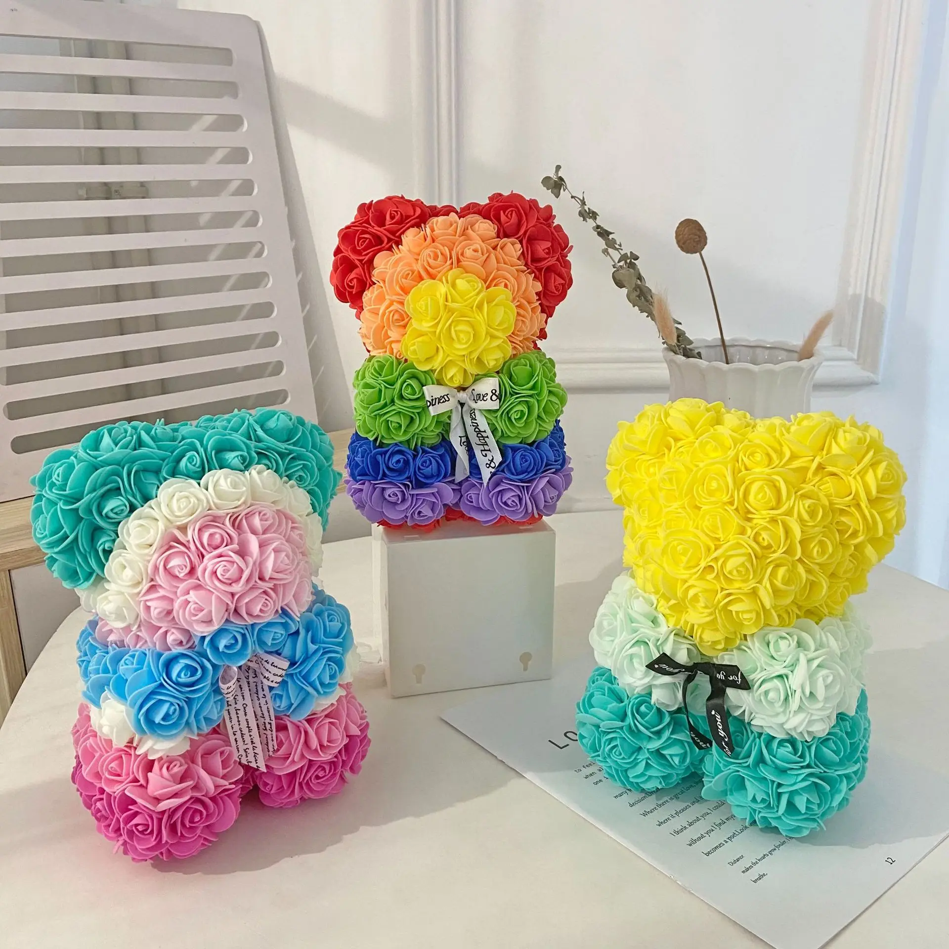 

Red Teddy Plush Bear Artificial Eternal Rose Pe Flowers 25cm Christmas Birthday Mother Valentine's Day Gift Home Accessories