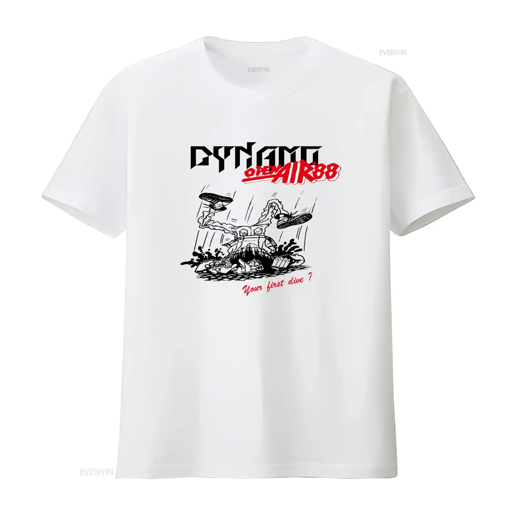 Фото Винтажная футболка 1988 года DYNAMO OPEN AIR Festival с дизайном Exodus Laaz Rockit и цитатой «Your first dive», винтажная, с эффектом потертости. №1
