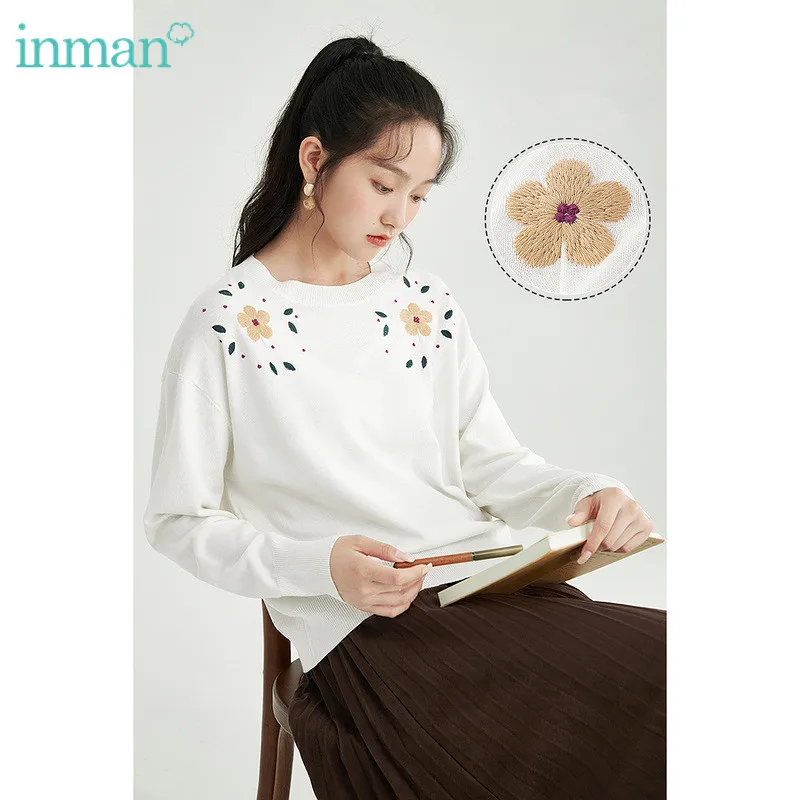 

INMAN Women's Sweater Spring Autumn Tops Casual Knitted Pullovers Minimalist Embroidery Sweaters For Women Clothing Pull Femme