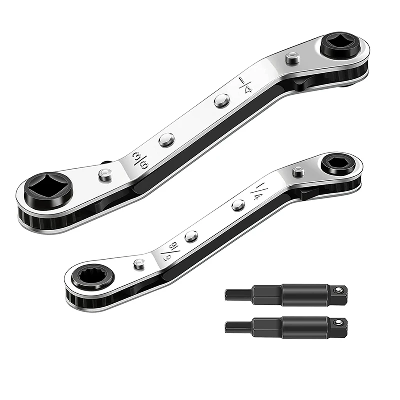 Refrigeration Service Wrench Set 3/8 X 1/4,5/16 X 1/4, Ratchet Wrench Air Conditioner Valve With Hexagon Bit Adapter Kit