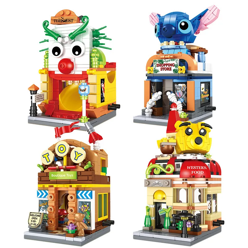 

Winnieed Pooh Bear Fantasy Paradise Stitched City Street View Building Blocks Boys and Girls Cartoon Toys Shopping Store