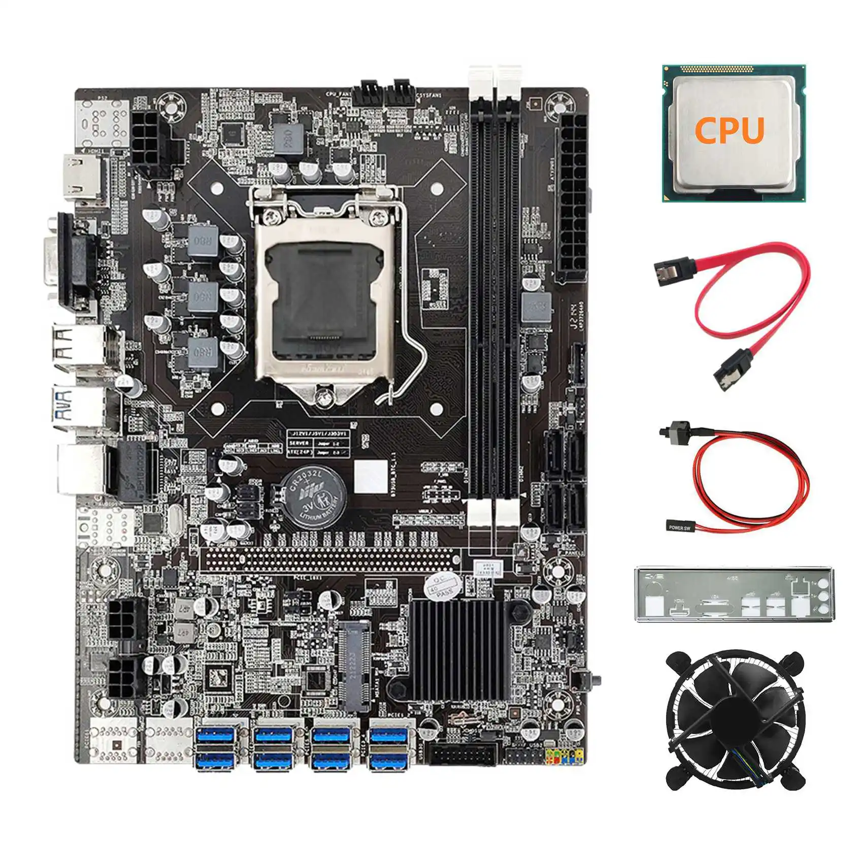 B75 8USB ETH Mining Motherboard+CPU+Baffle+SATA Cable+Switch Cable+CPU Fan LGA1155 B75 USB BTC Miner Motherboard