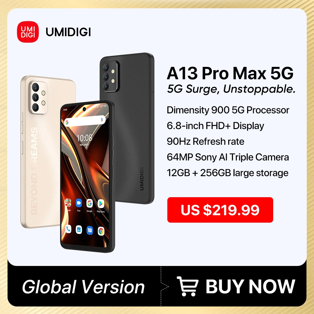 UMIDIGI A13 Pro Max 5G 12GB 256GB Smartphone Dimensity 900 Processor 6.8'' FHD+ Display 90Hz 64MP Triple Camera Cell Phone