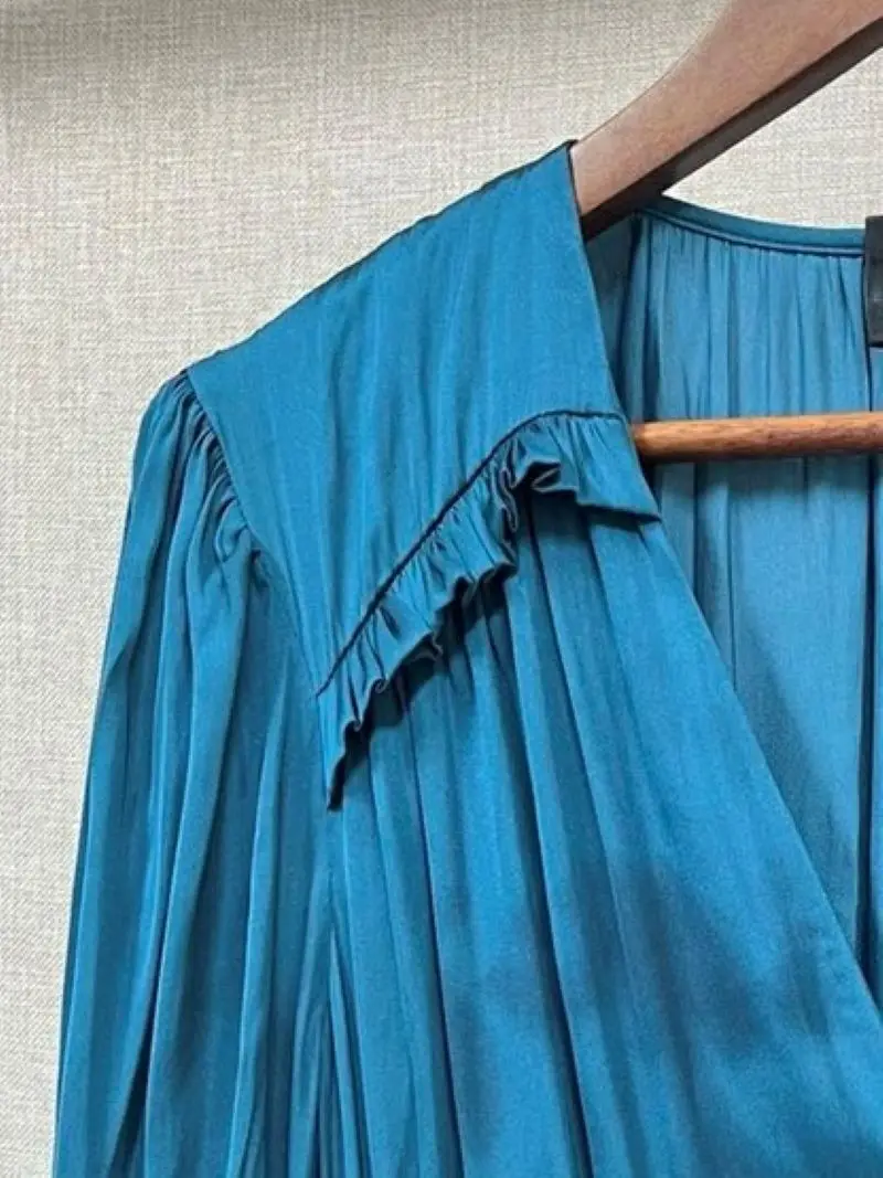 Women's Ruffles Stitching V-Neck Long Lantern Sleeve Elastic Waist Pleated Elegant Maxi Dress