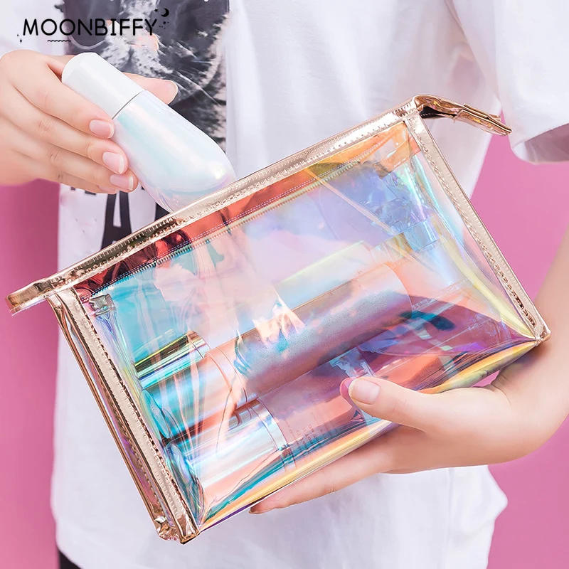 

Fashion Laser Travel Cosmetic Bag Transparent Pretty Makeup Bags Toiletry Brush Bags Organizer Necessary Case Wash Make Up Box