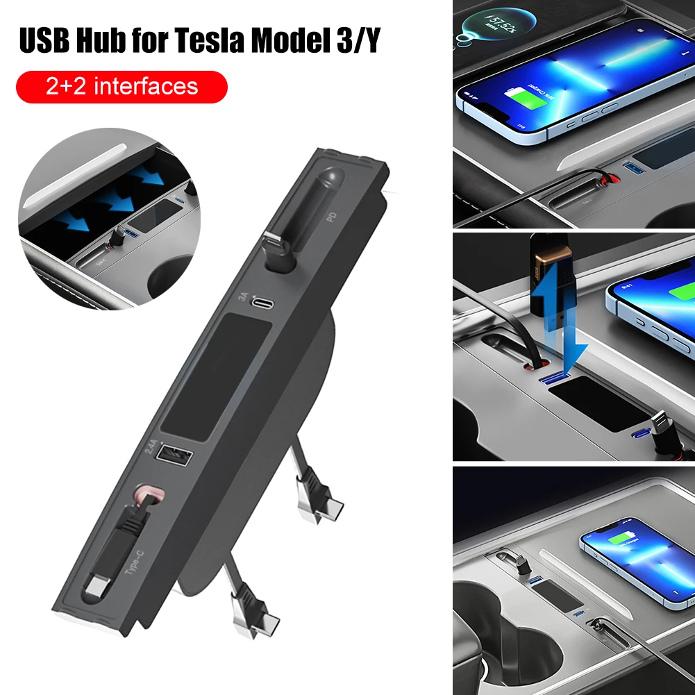 

27W USB Fast Charger Docking Station LED Shunt Hub Extension Center With Smart Sensor Expansion Splitter For Tesla Model 3