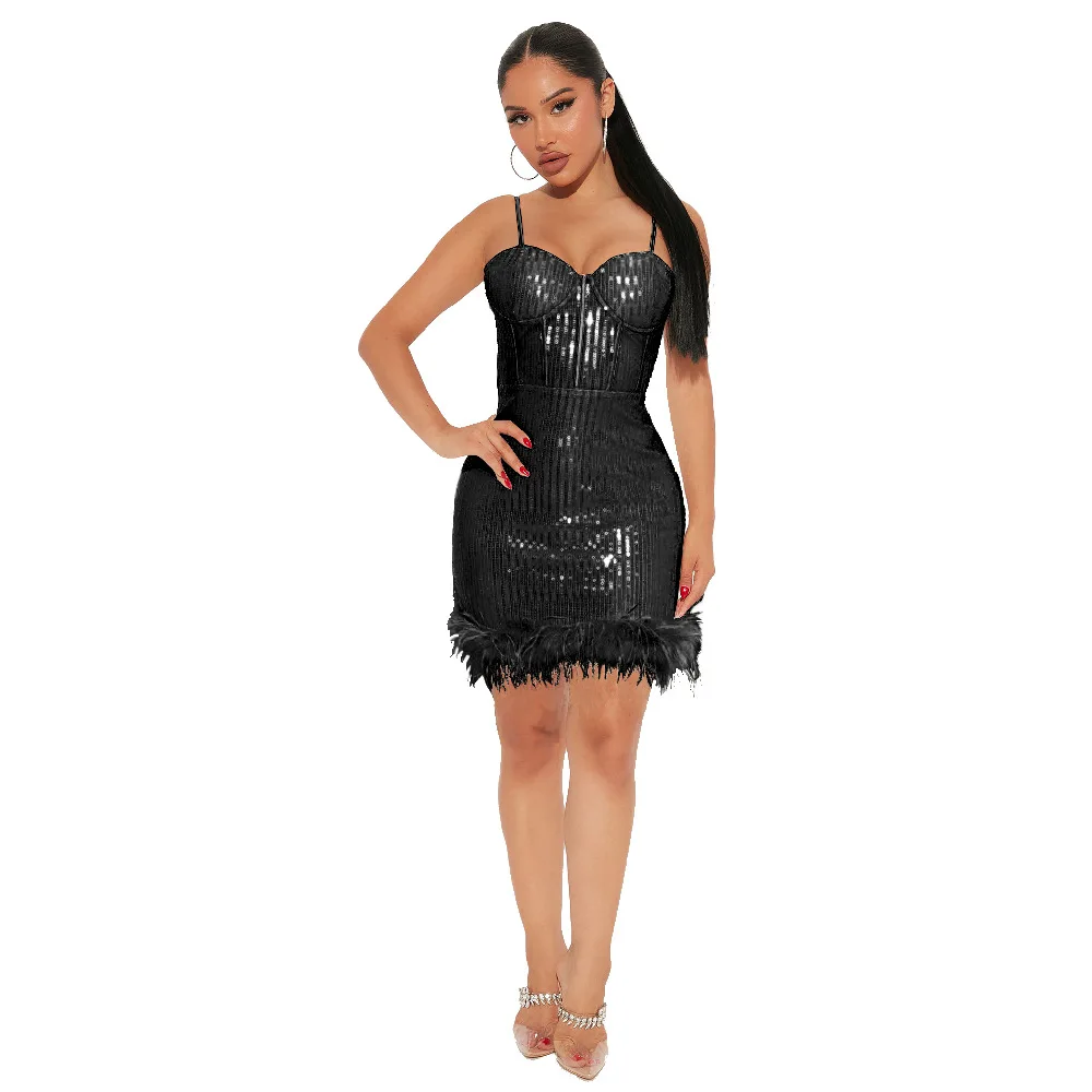 

Clothing 2023 Summer Sleeveless Spaghetti Strap Sequin Feather Fashion Dress For Women Birthday Sexy Club Party Vestidos