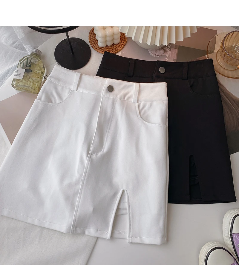 Split Skirts Womens High Waist Mini Skirt Summer 2022 Black Korean Style Bottoms Casual  Fashion Clothing A-LINE White