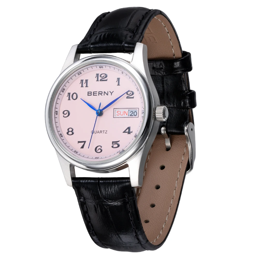 BERNY Miyota 2405 Quartz Watch for Women Day Date Calendar Classic Genuine Leather Lady Watches Waterproof Business Wristwatch