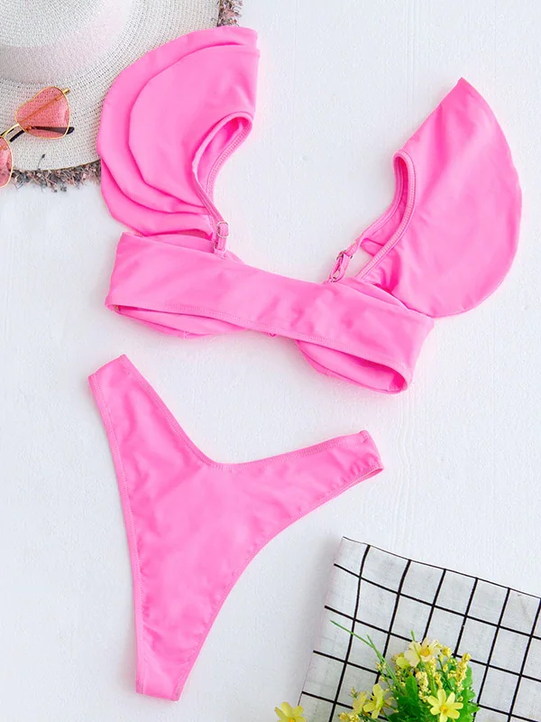 

Solid Color Short Sleeve Falbala Bralette Bikini