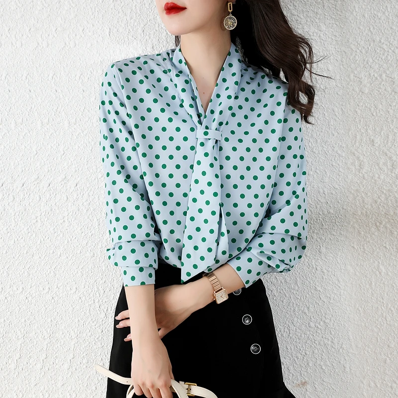 

Polka Dot Chiffon Women Blouses Top Long Sleeve V Neck Fashion Loose Lace Shirt Office Lady Blusas Mujer