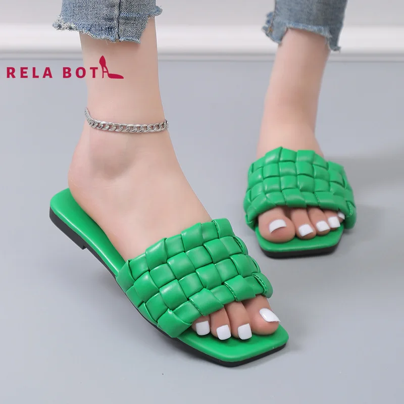 

Flat-bottomed Leather Braided One-word Slippers Slippers Women's Big Size Outdoor Wear Beach Cool Slippers Leather Stitching Sew