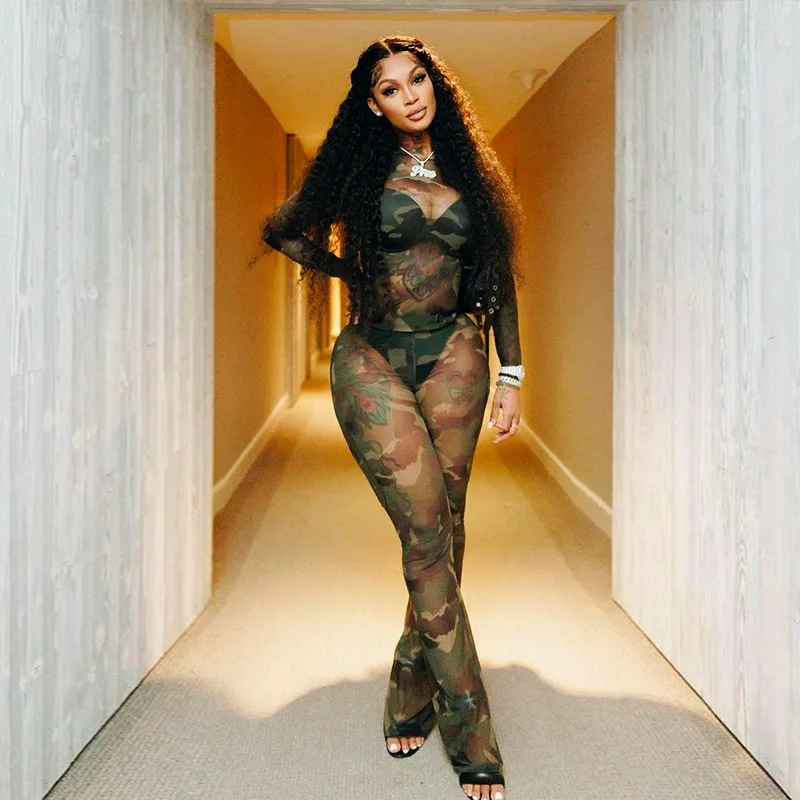 

Woman 2pcs mesh Suit camouflage Printed Long Sleeve O Neck T-shirt+Flared Leg Pant Tracksuit S-L
