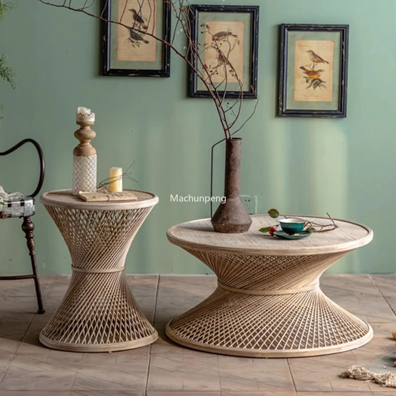 

Japanese Rattan Coffee Tables Minimalist Round Living Room Space Saving Side Table Organizer Design Mesa De Centro Room Decor