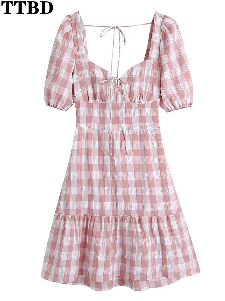 

TTBD Women 2022 fashion new pink tie backless plaid mini dress traf vintage square collar puff sleeve female dresses vestidos