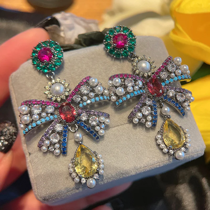 

2022 New Color Ethnic Style Bow Simulated Pearl Earrings Color Matching Cubic Zirconia Personality Net Red Style Earrings