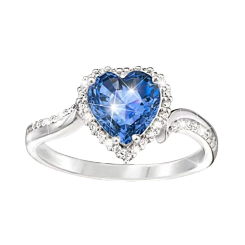 

MFY Fashion Ladies Female Dark Blue Crystal Rhinestone Peach Heart Round Blue Zircon Ring For Women Engagement Jewelry