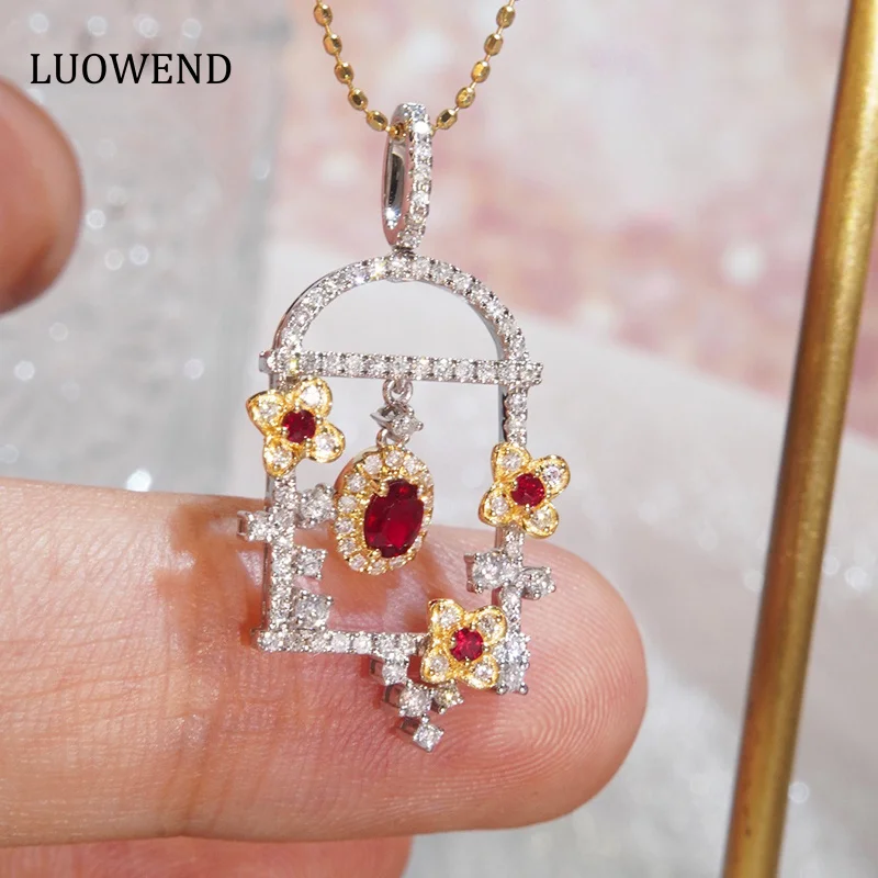 

LUOWEND 18K White Gold Necklace Real Natural Diamond Necklace Shiny Ruby Romantic Secret Garden Design Party Jewelry for Women