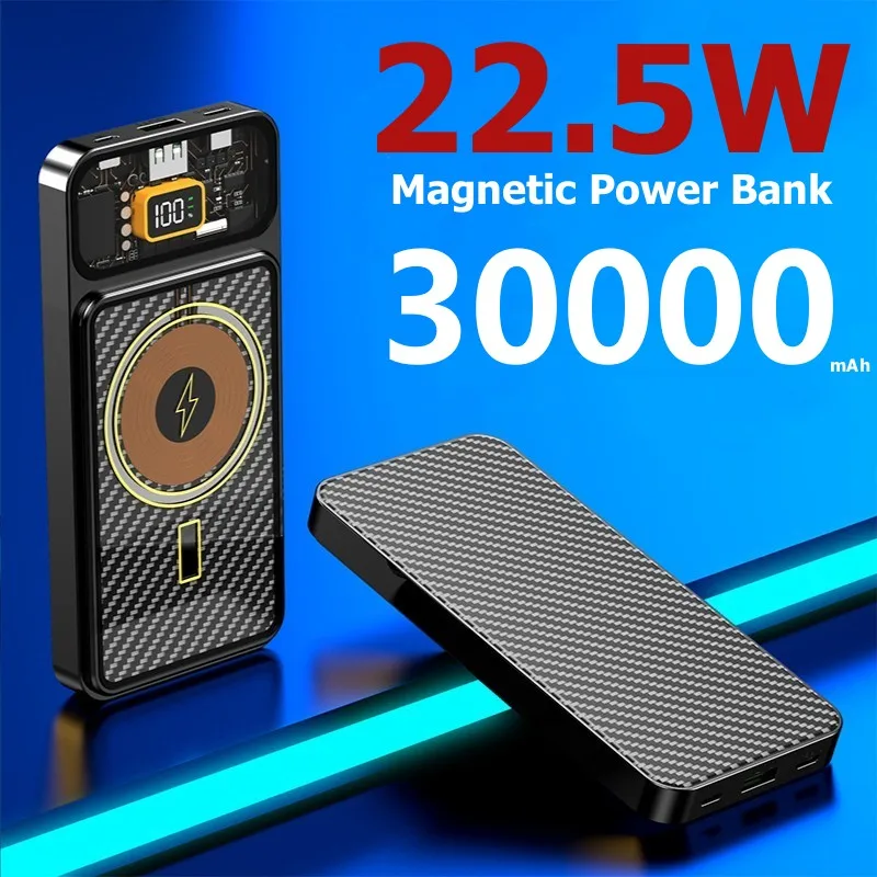 

30000mAh Magnetic Power Bank 15W Wireless Fast Charging External Battery For iphone 14 13 12 Portable Digital Display Powerbank