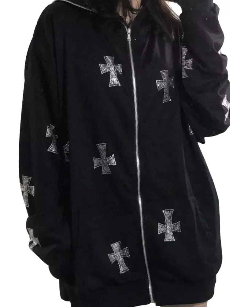 

Бесплатная доставка, винтажная Толстовка Стразы в стиле оверсайз с капюшоном на молнии, женская одежда, Свитшот в стиле панк и Харадзюку С р...