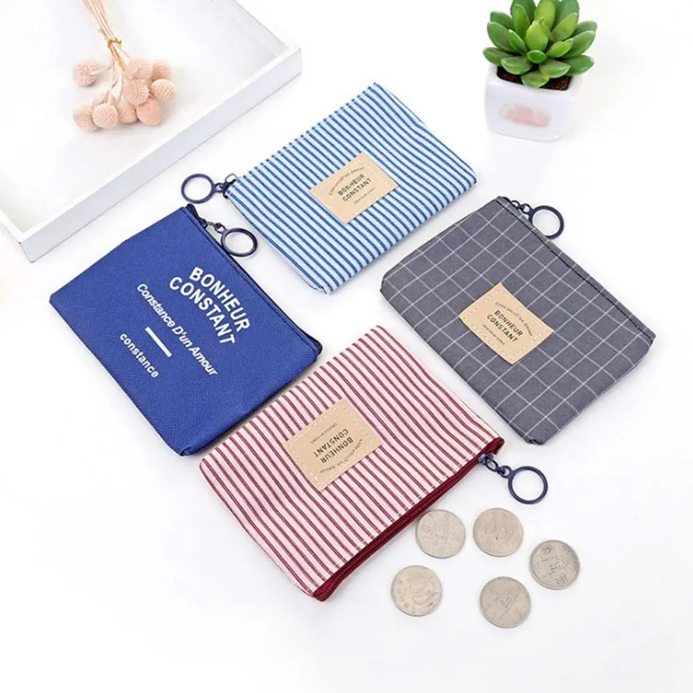 

Unisex Canvas Stripe Coin Bag Purse Simple Women Coin Money Card Holder Wallet Case Zipper Key Storage Pouch For Kid Girl Gift
