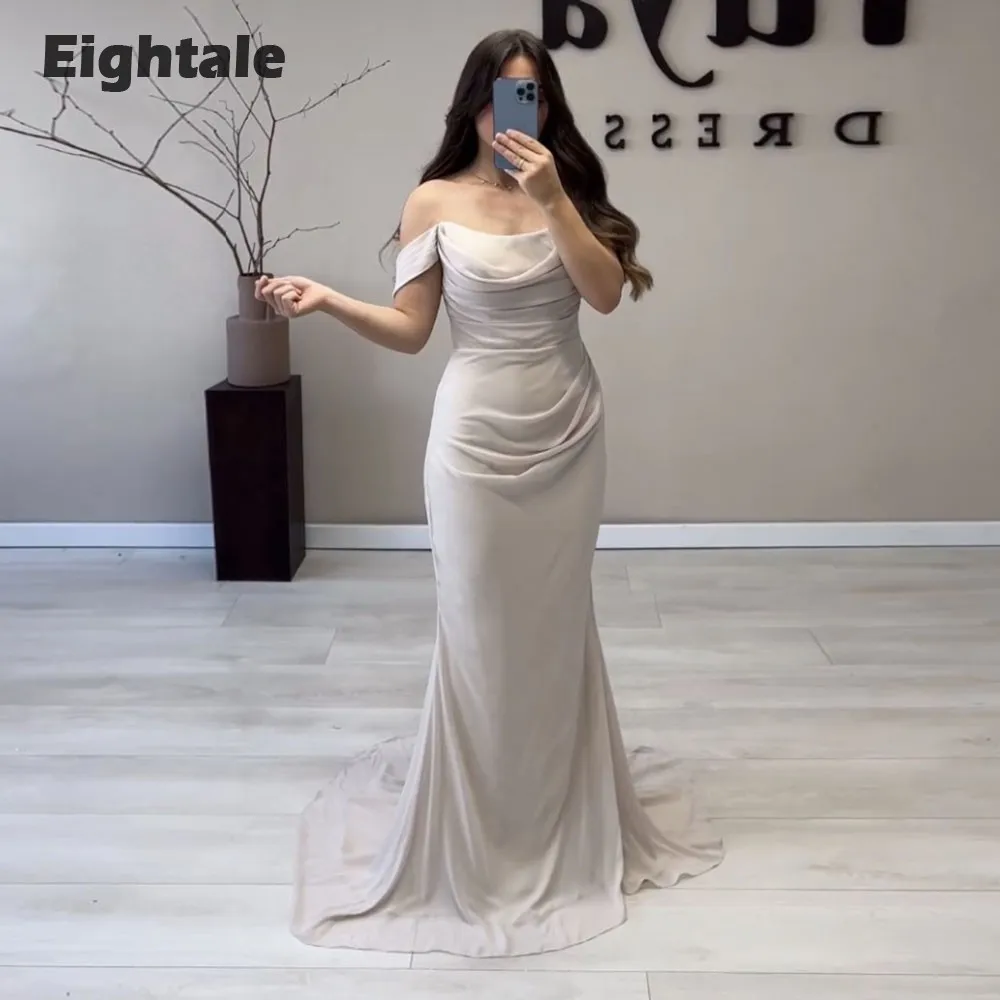 

Eightale New Evening Dresses for Wedding Party Off the Shoulder Pleats Chiffon Arabic Formal Slit Celebrity Mermaid Prom Gowns