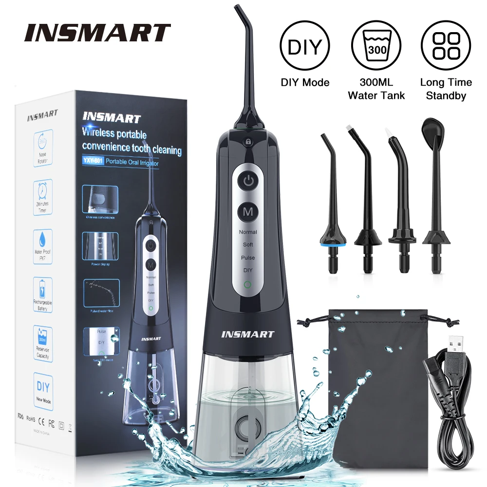 INSMART Oral Irrigator Dental Water Flosser Portable Dental Water Jet 4 Modes 300ML Tank Waterproof for Cleaning Teeth Whitening