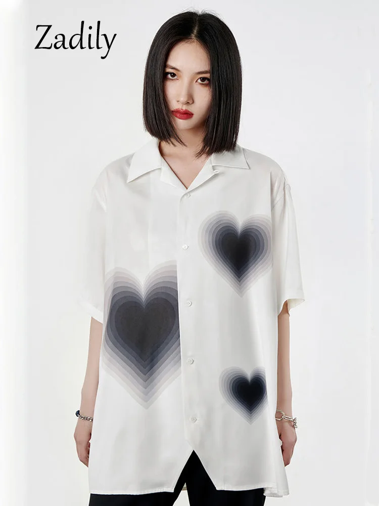 

2023 Summer Y2K Short Sleeve Women White Shirt Korea Style Button Heart Print Oversize Woman Blouse Female Clothing Top