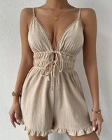 women suits ruffle hem drawstring waist spaghetti strap jumpsuit fashion casual suspenders suits sexy summer suit for women