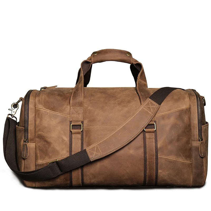 Leather Genuine Duffle Bag For Men Vintage Travel Bag With Shoe Bag Weekend Overnight Large Capacity Hand Duffel Bag