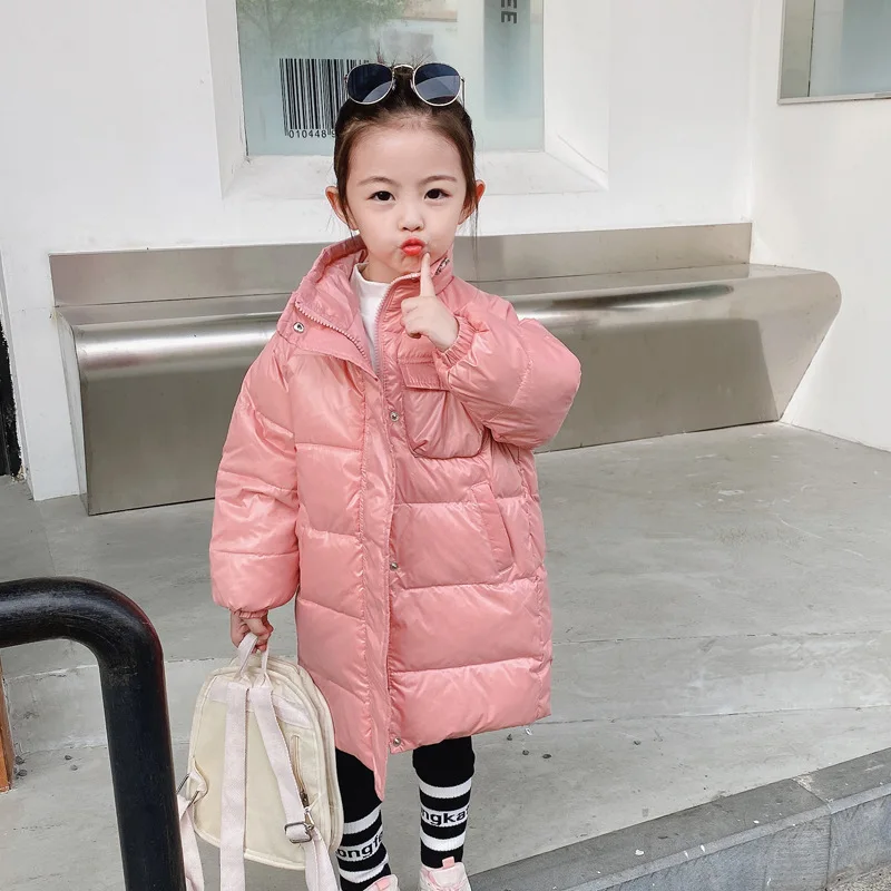 

New girls' down jacket mid-length winter clothes baby warm children's foreign style 90% white duck down thick fashion shiny coat