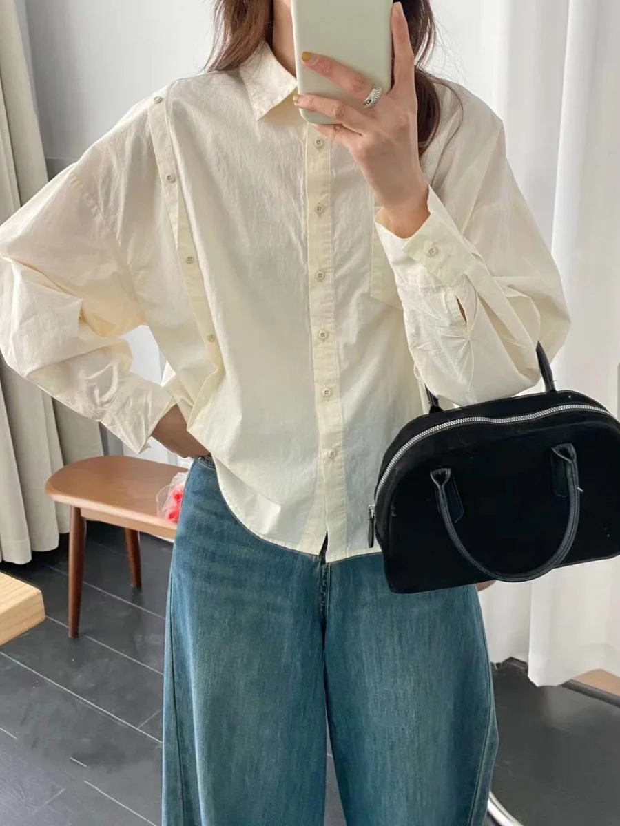 Button Patchwork Chic Shirts Women's Long Sleeve 2024 Early Spring New Korean Sle Loose Design Bottoming Top