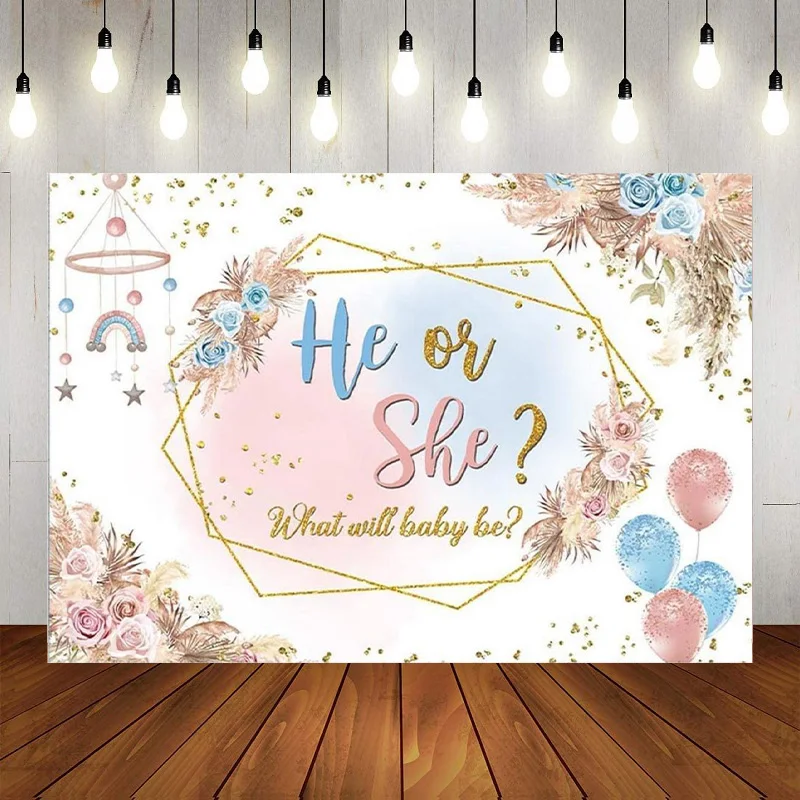 

He Or She Bear Gender Reveal Party Backdrop What Will Baby Be Pregnancy Decor Balloons Boy Or Girl Photography Background Banner