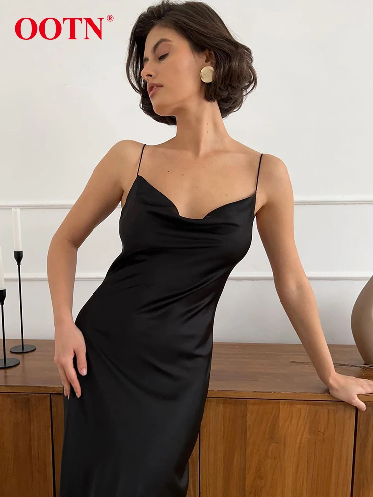

OOTN Elegant Purple Long Spaghetti Strap Dress Sexy High Waist A Line Dress Women Summer Zipper Satin Dresses Female 2023 Fall