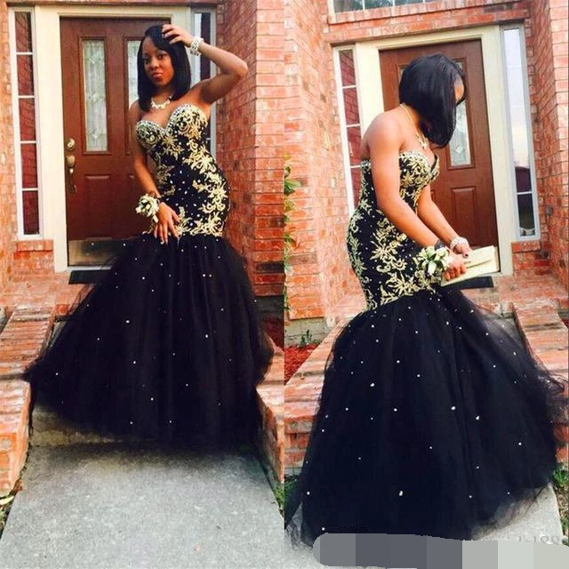 

robe de soiree Gold Appliques Black Tulle Mermaid Long Elegant Evening Dress 2019 Sweetheart Beaded African Prom Formal dress