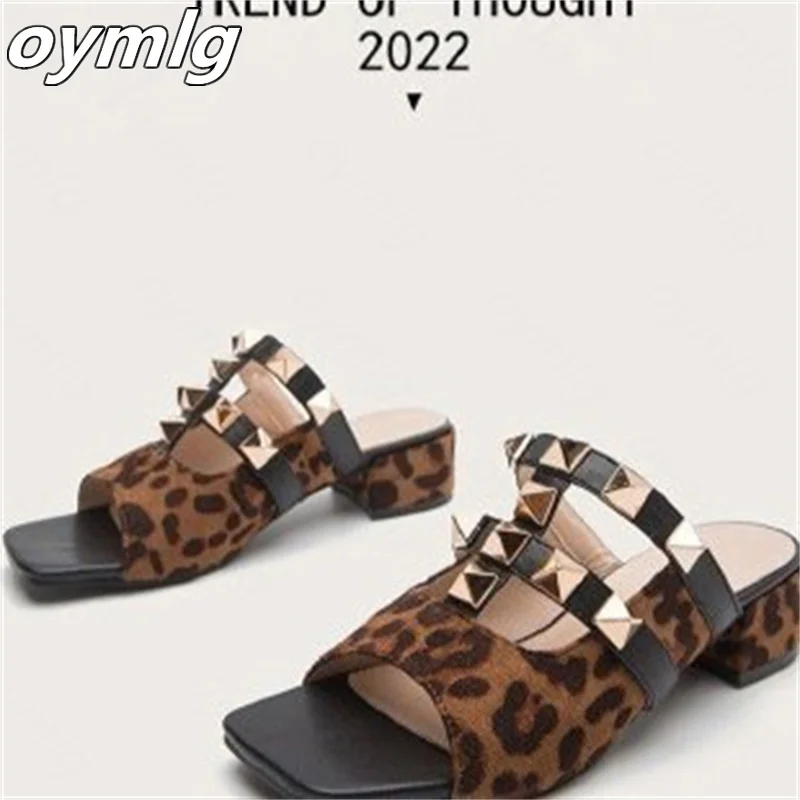 

Large size thick heel sandals women's 2022 summer new square head leopard print white trendy sandals women