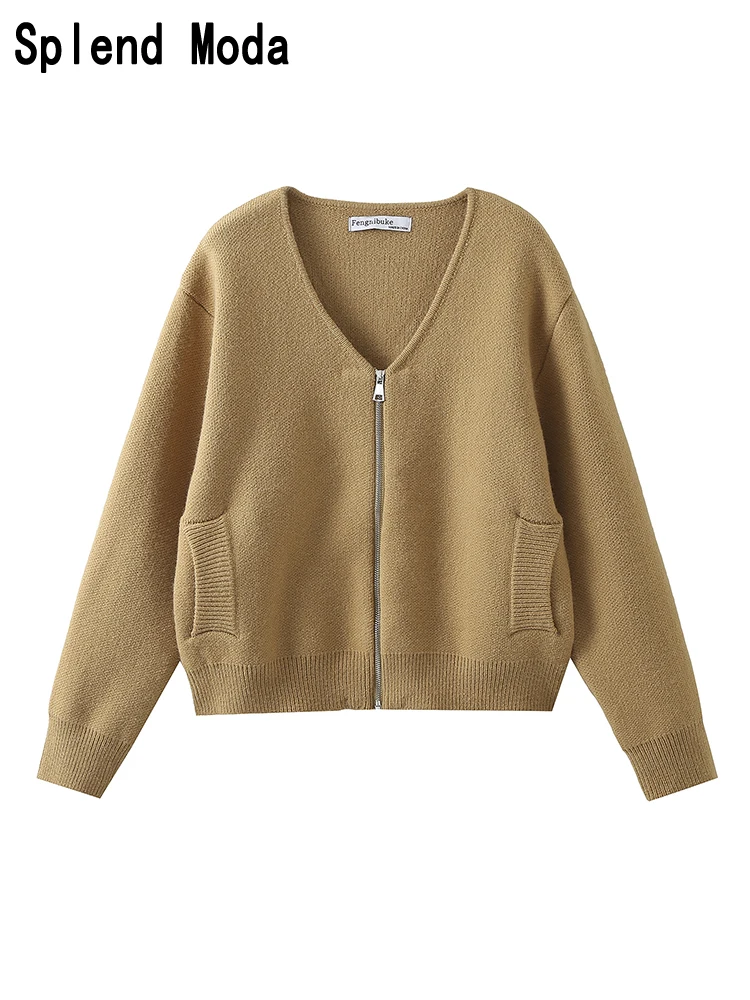 

Женский вязаный кардиган на молнии, винтажный Свободный кардиган с V-образным вырезом и карманами, осень 2023