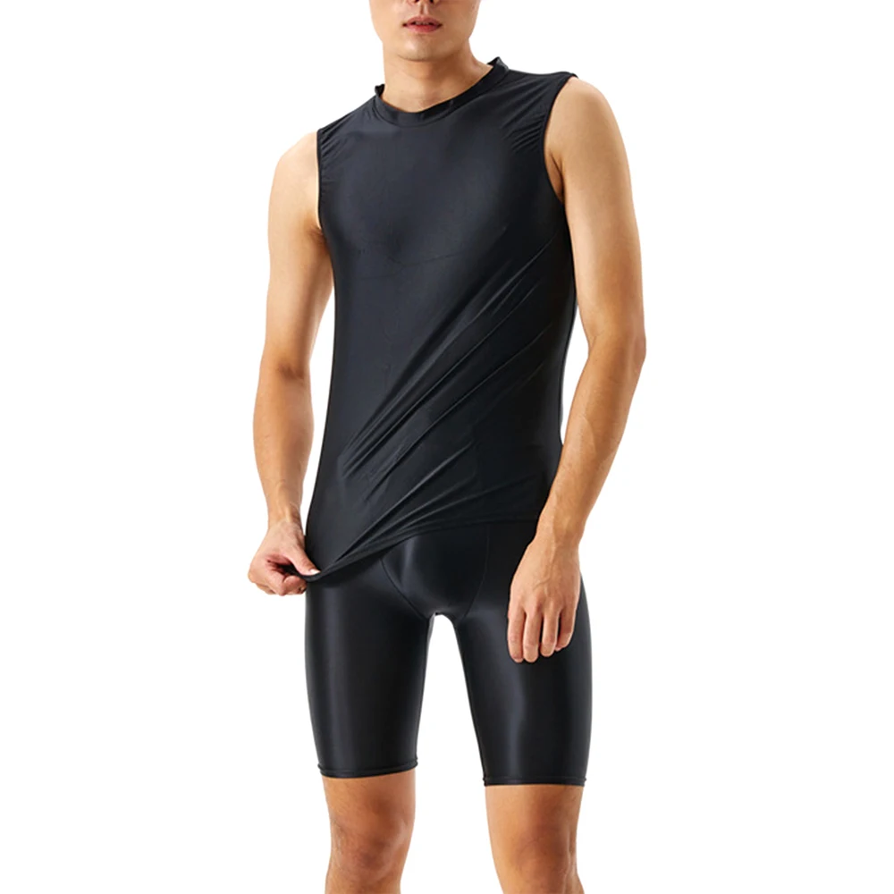 Men Tracksuits Stretch Vest Tanks Shiny Sports Fitness Running Sets Tops Shorts Male Fashion Casual Swimming Yoga Glossy Pants
